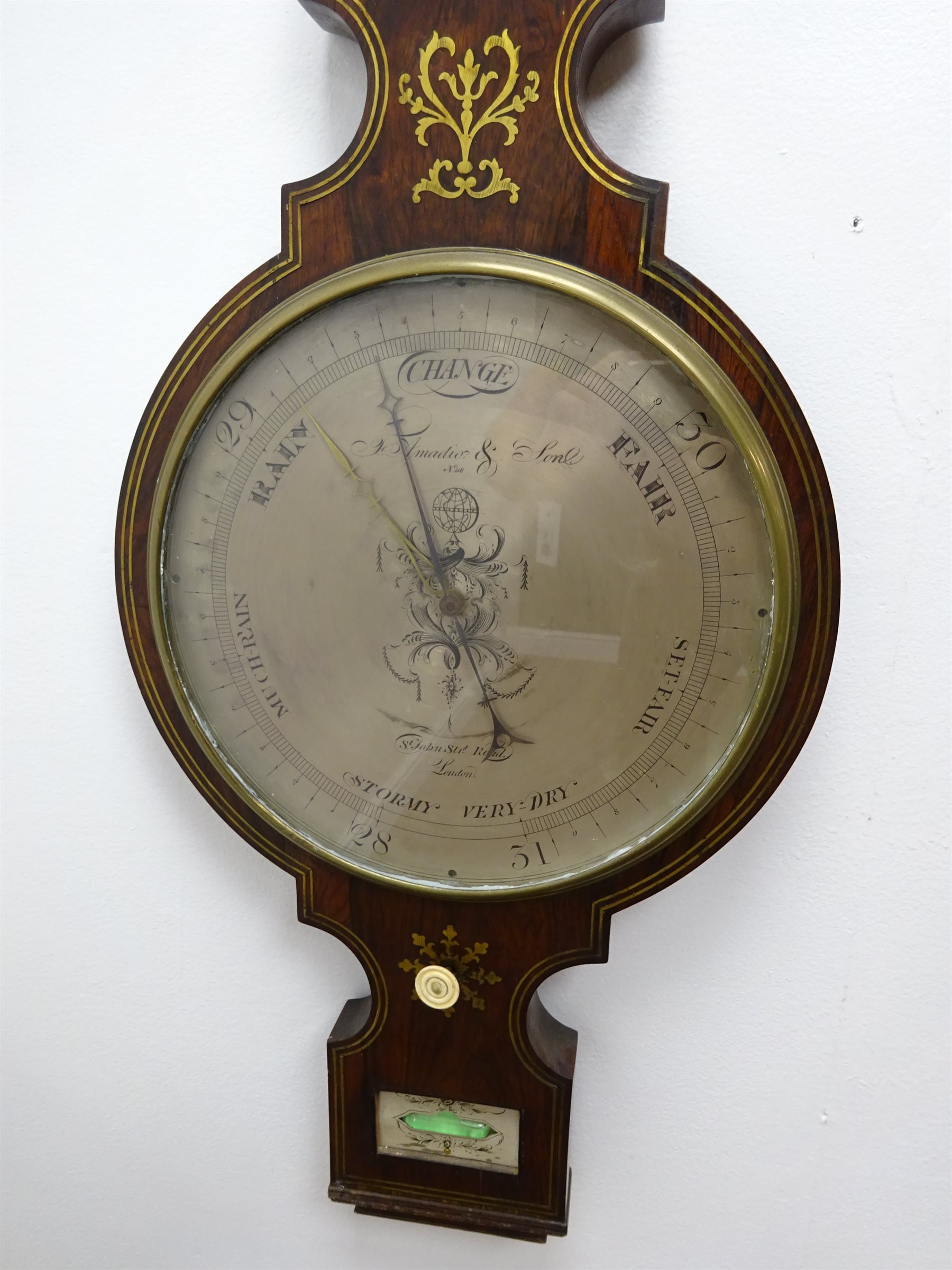 19th century rosewood mercury four dial barometer, swan neck pediment