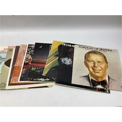 Collection of Frank Sinatra LP vinyl records, to include Sinatra Trilogy Past Present Future, Ol' blue eyes is back, My Way, etc., together with two books, The Sinatra Treasures by Charles Pignone, and Frank Sinatra by Jessica Hodge, plus a Beatles LP vinyl record, Love Songs, in one box