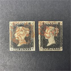 Two Great Britain Queen Victoria penny black stamps, both with red MX cancel