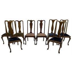Matched set of fourteen early 20th century mahogany dining chairs, shaped cresting rail over shaped splat, upholstered drop-in seat, on cabriole front supports 