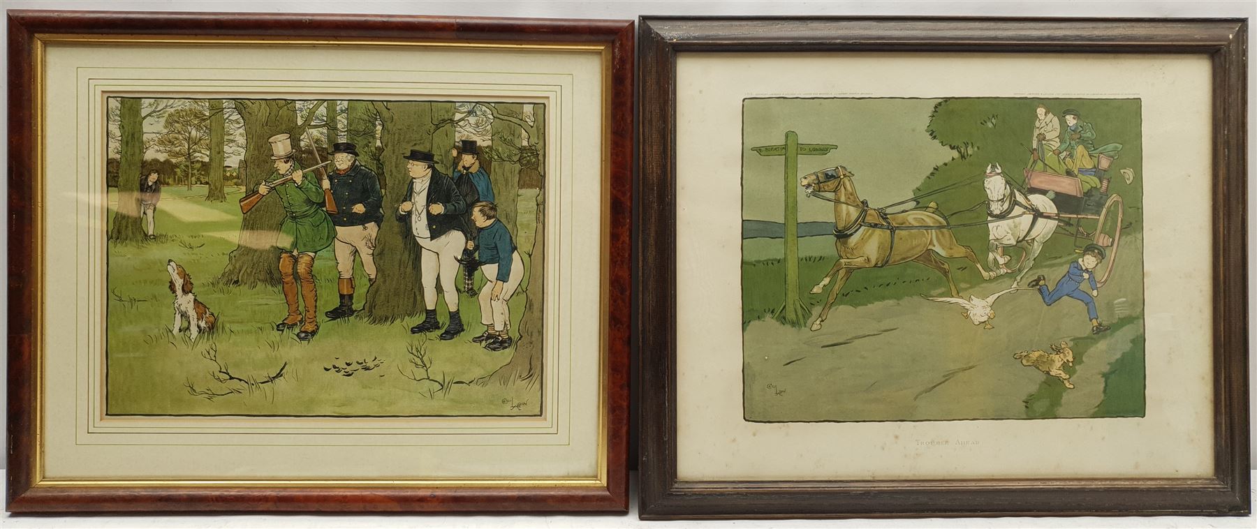 After Cecil Aldin (British 1870-1935): 'Rook Shooting at Dingley Dell', chromolithograph from the 'Pictures from Pickwick' series pub. Lawrence and Jellicoe 29cm x 39cm; 'Trouble Ahead', chromolithograph pub. Lawrence and Jellicoe 29cm x 36cm; 'My Heart's in the Highlands' and 'A Thoroughbred Mongrel', pair reproduction prints 25cm x 19cm (4)
