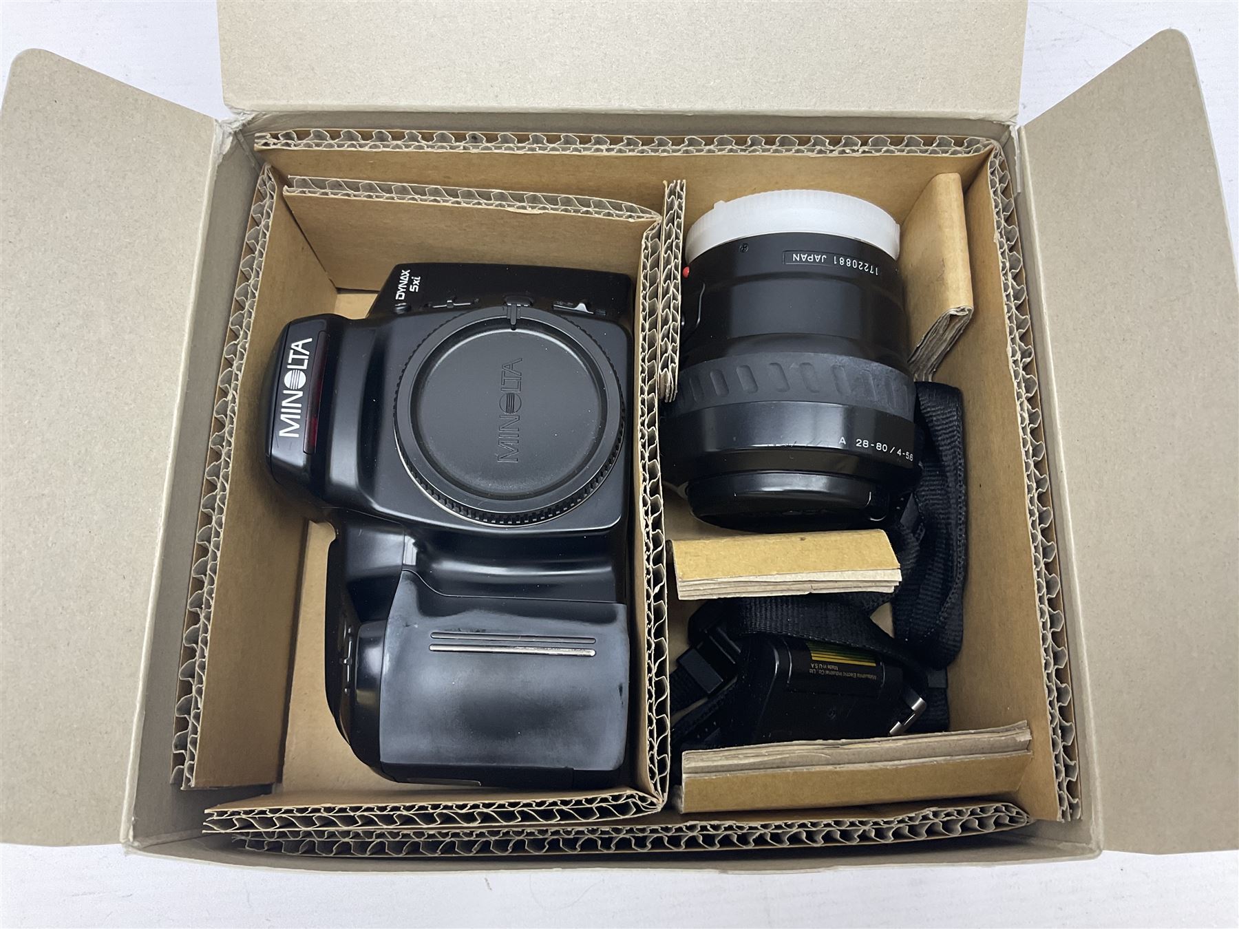 Minolta Dynax 5xi camera body serial no 17222646 with 'AF Zoom Xi 28-80mm 1:4(22)-56' lens serial no 17220881, Minolta SRT101 camera body serial 1944687, Lumix camera body serial no K6SC10168 etc 