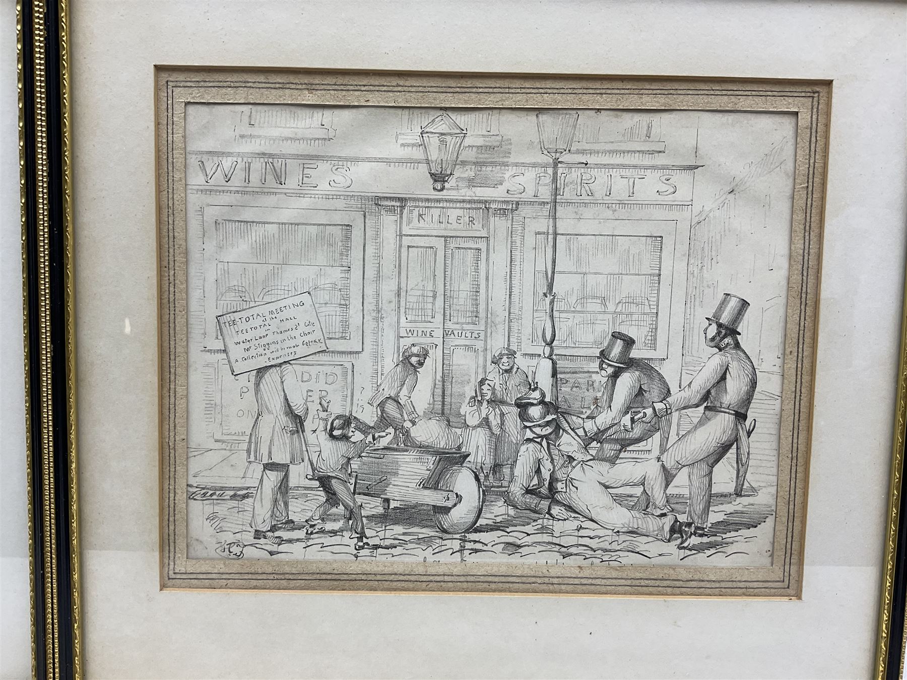 English School (Mid 19th century): Temperance Movement Cartoons, pair pencil drawings signed with indistinct monogram, possibly HF or HJ 19cm x 25cm (2)