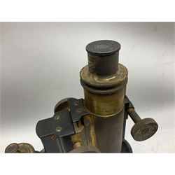 19th century brass and black japanned monocular microscope by W. Watson & Sons Ltd. 313 High Holborn, London serial no.24788 with rack and pinion focussing on tripod base H31cm; in fitted mahogany case retailed by A.H. Baird Scientific Instrument Makers Edinburgh; quantity of additional lenses and accessories; together with another similar uncased monocular microscope by W. Watson serial no.58379 (2)