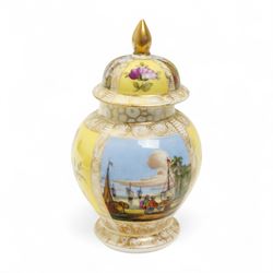 Helena Wolfsohn Dresden porcelain quatrefoil twin handled chocolate cup and stand, painted with panels of courting couples and floral sprays on a yellow ground, together with another Wolfsohn cup and saucer of the same design, and a similar continental vase decorated with shipping and town scenes, all marked to base, chocolate cup H8cm 