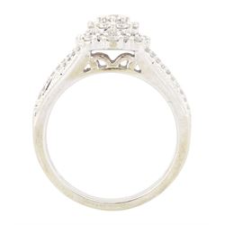 9ct gold diamond cluster ring, set with round brilliant cut diamonds and diamond set shoulders, hallmarked, total diamond weight 0.50 carat