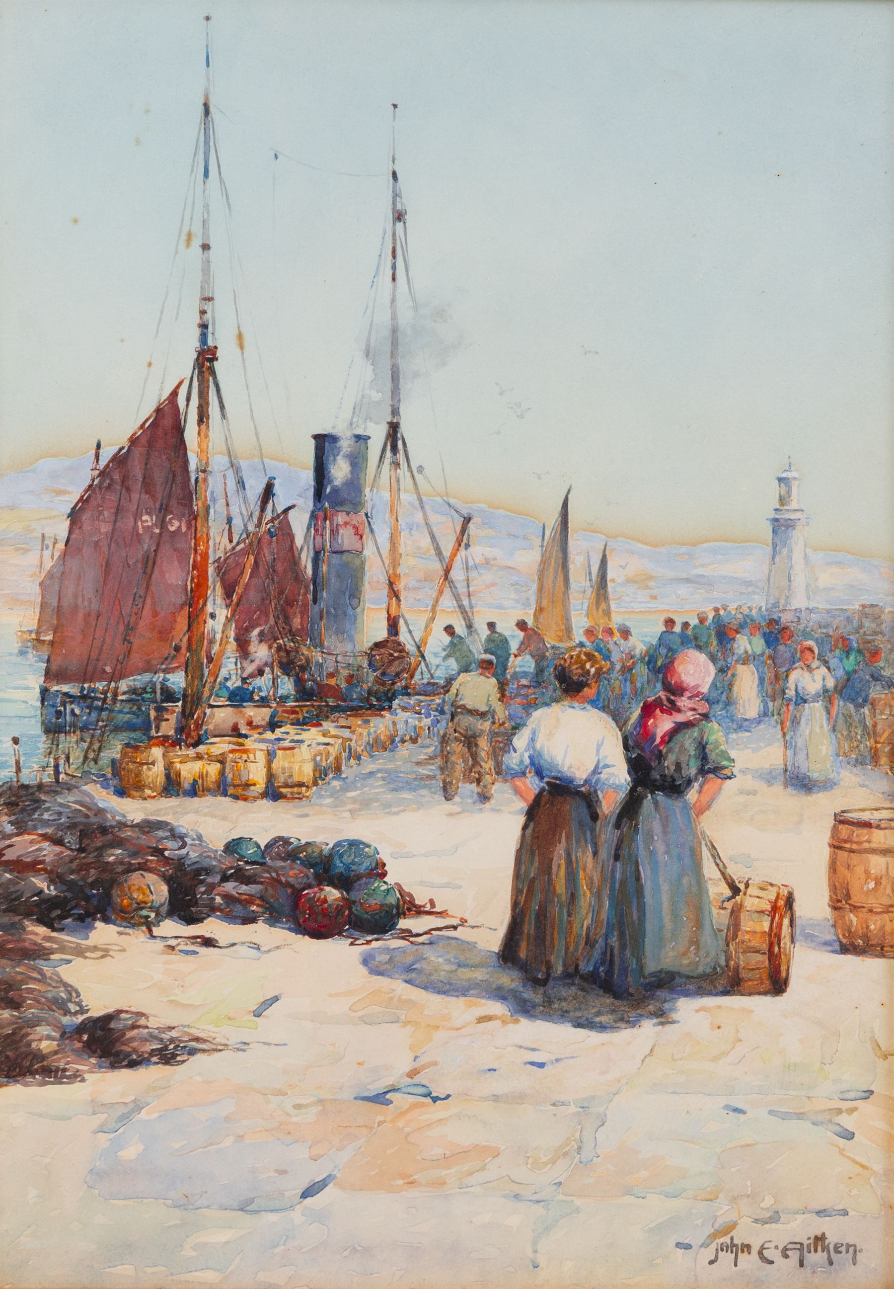 John Ernest Aitken (Scottish 1881-1957): 'Herrings for the Continent', watercolour signed, titled on the slip 34cm x 24cm 