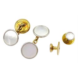 Pair of early 20th century gold and platinum mother of pearl cufflinks and matching shirt studs, stamped 9ct & PT in fitted case