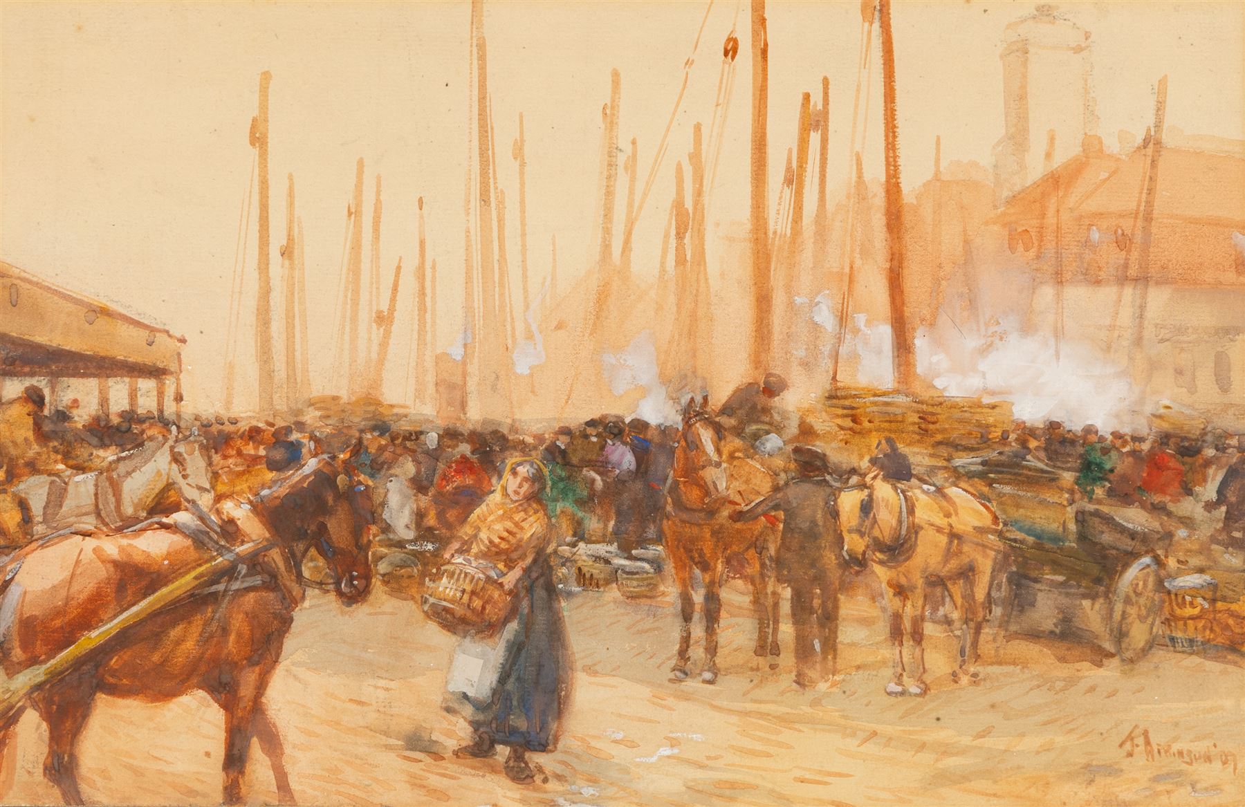 John Atkinson (Staithes Group 1863-1924): 'Unloading the Fleet' at North Shields, watercolour signed and dated '07, 22cm x 34cm