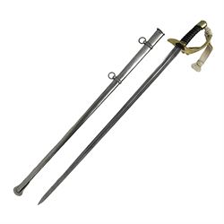 Early 19c French 1st Empire Heavy Cavalry trooper's sword, the 95.5cm double fullered blade with various stamped marks and inscribed Klingenthal 1814 to the back edge, four-bar brass hilt with wire-bound leather grip, knucklebow numbered 139; in polished steel scabbard with two suspension rings L117cm overall
