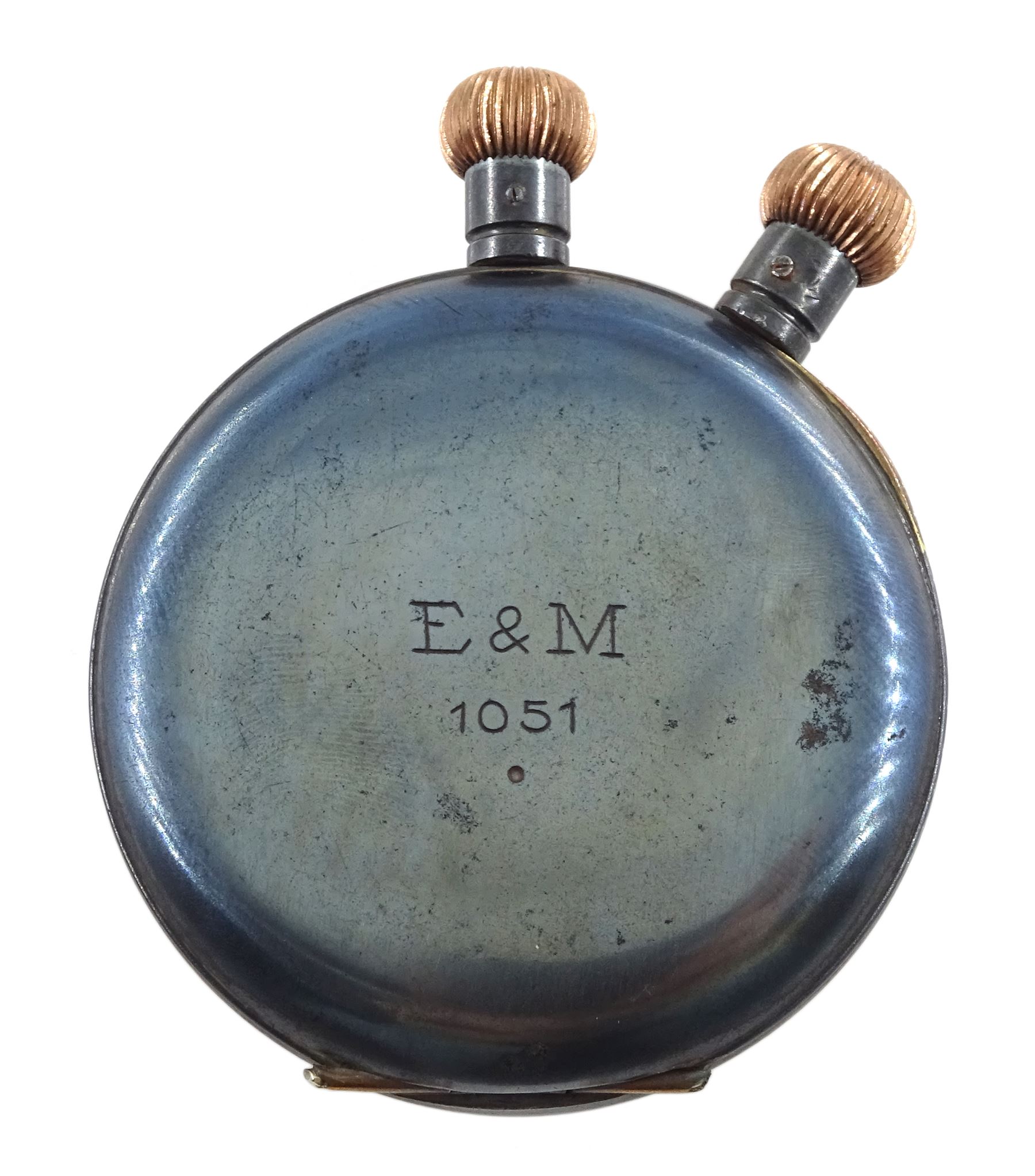 Semikrograph military gun metal 1/50 second stop watch, patent No.73392/93,  back case stamped E & M 1051, inner case stamped 83905, movement No. 6050