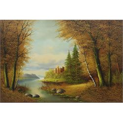 H Sanders (Continental 20th century): Castle in Highland River Landscape, oil on canvas signed 60cm x 91cm