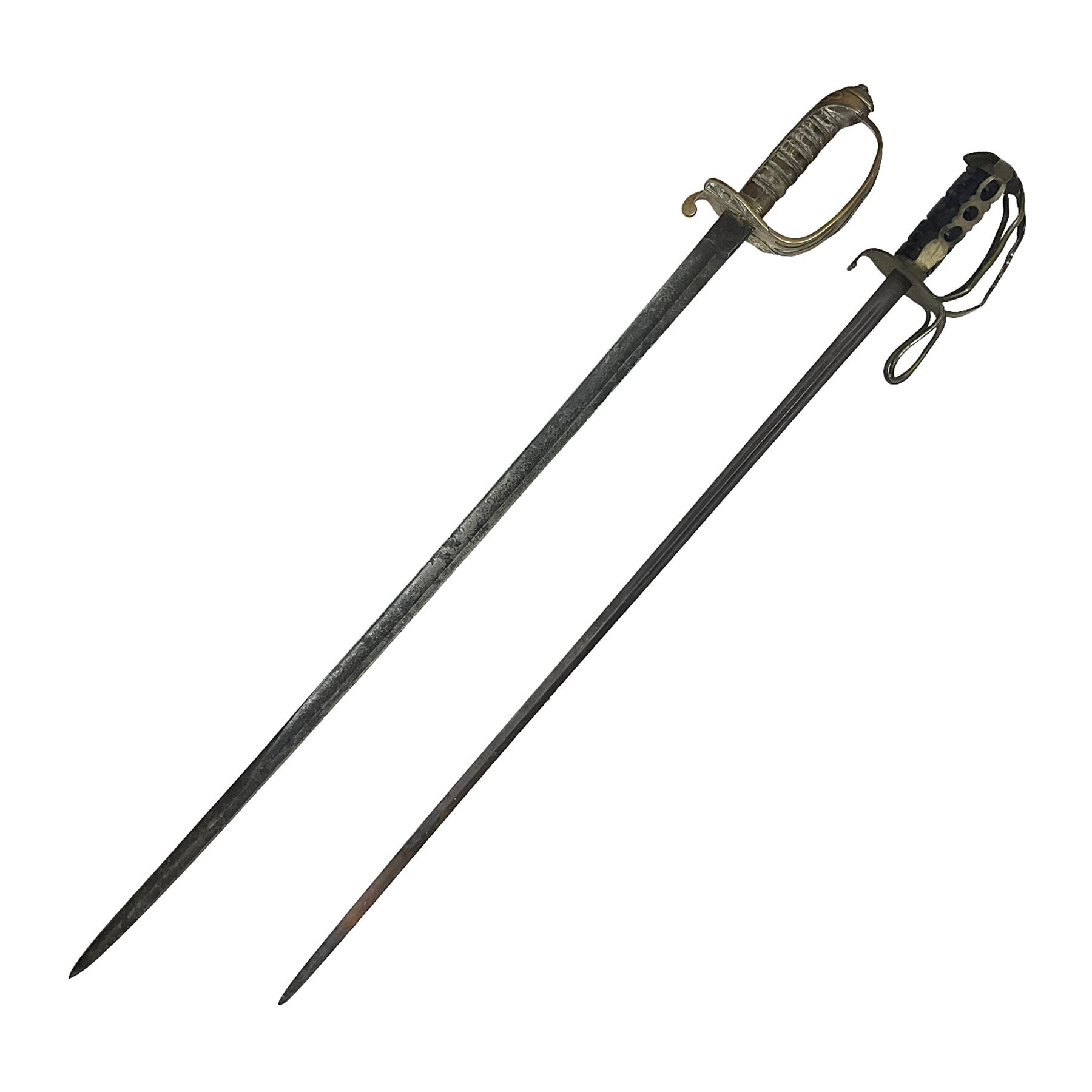 Victorian 1845 pattern infantry officer's sword the 82cm sharpened fullered steel blade with traces of decoration, brass gothic hilt incorporating Victorian cypher, folding back guard, stepped pommel with acanthus leaf backstrap and wire-bound wooden grip with traces of original fish skin covering L96cm overall; together with a reproduction Scottish style basket hilted sword; both lacking scabbard (2)