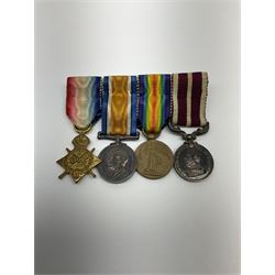 WW1 group of four miniature medals comprising 1914-15 Star, British War Medal, Victory Medal and George V Army meritorious Service Medal, on bar with ribbons