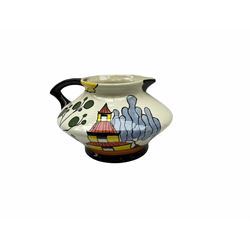 Lorna Bailey Old Ellgreave Pottery, comprising teapot in beach design, circular jar in house and path design, shell jug in Bridge and stream design, squat jug in Pagoda design and plate decorated with an Art Deco woman, all with printed and painted marks. 