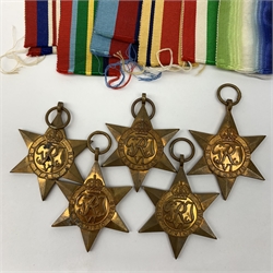  A group of WWII medals, comprising Pacific Star, Africa Star, Atlantic Star, Italy Star and The 1939-1945 Star, together with a War Medal 1939-1945, and Burma Star Association car badge.  