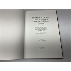 Six medal collectors reference books including Douglas-Morris Kenneth: Naval Medal 1857-1880. 1994 in slip-case; Casualty Roll For The Zulu and Basuto Wars South Africa 1877-79; Abbott P.E.: Recipients of the Distinguished Conduct Medal 1855-1909; Casualty Roll For The Crimea 1854-1855; and two others (6)
