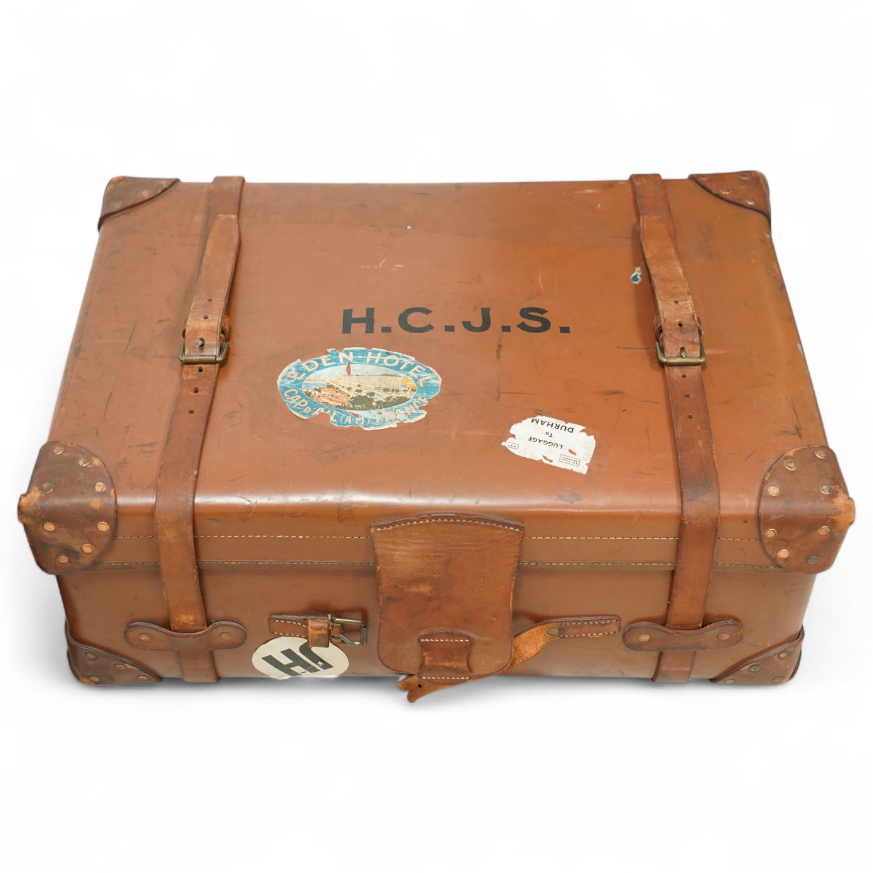Two late 19th/early 20th century leather travelling 'Ideal' trunks, each stamped and engraved to brass locks F. Best & Co, various travel labels to include the Grand Hotel Naples, Grand Hotel Bellevue, Excelsior Palace Palermo, Waterloo etc, larger suitcase W93cm H32cm D58cm