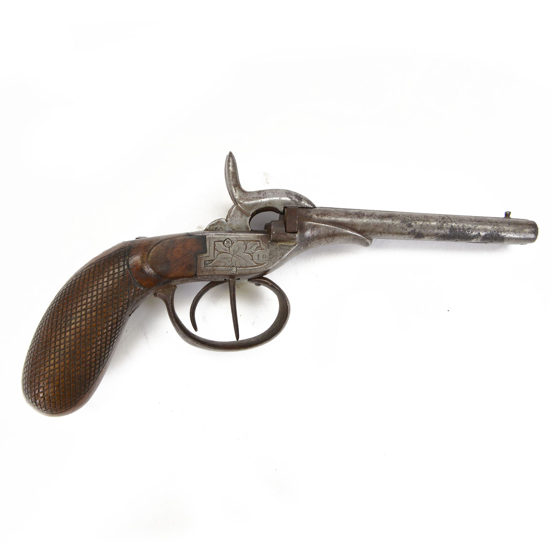 19th century side by side percussion pistol, with double hammers and triggers and foliate engraved action, with chequered and fluted grip, L23cm
Sold as an exempt item under Section 58 (2) of the 1968 Firearms Act, to be held as a curiosity or ornament