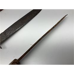 19th century continental folding knife with 15.5cm single edged blade, the pierced brass and iron handle with remains of horn grips L21.5cm overall closed; turned horn handled knife with foliate engraved blade; battlefield relic German 1884/98 knife bayonet; iron spear head; leather covered swagger stick; and two-piece gun cleaning rod