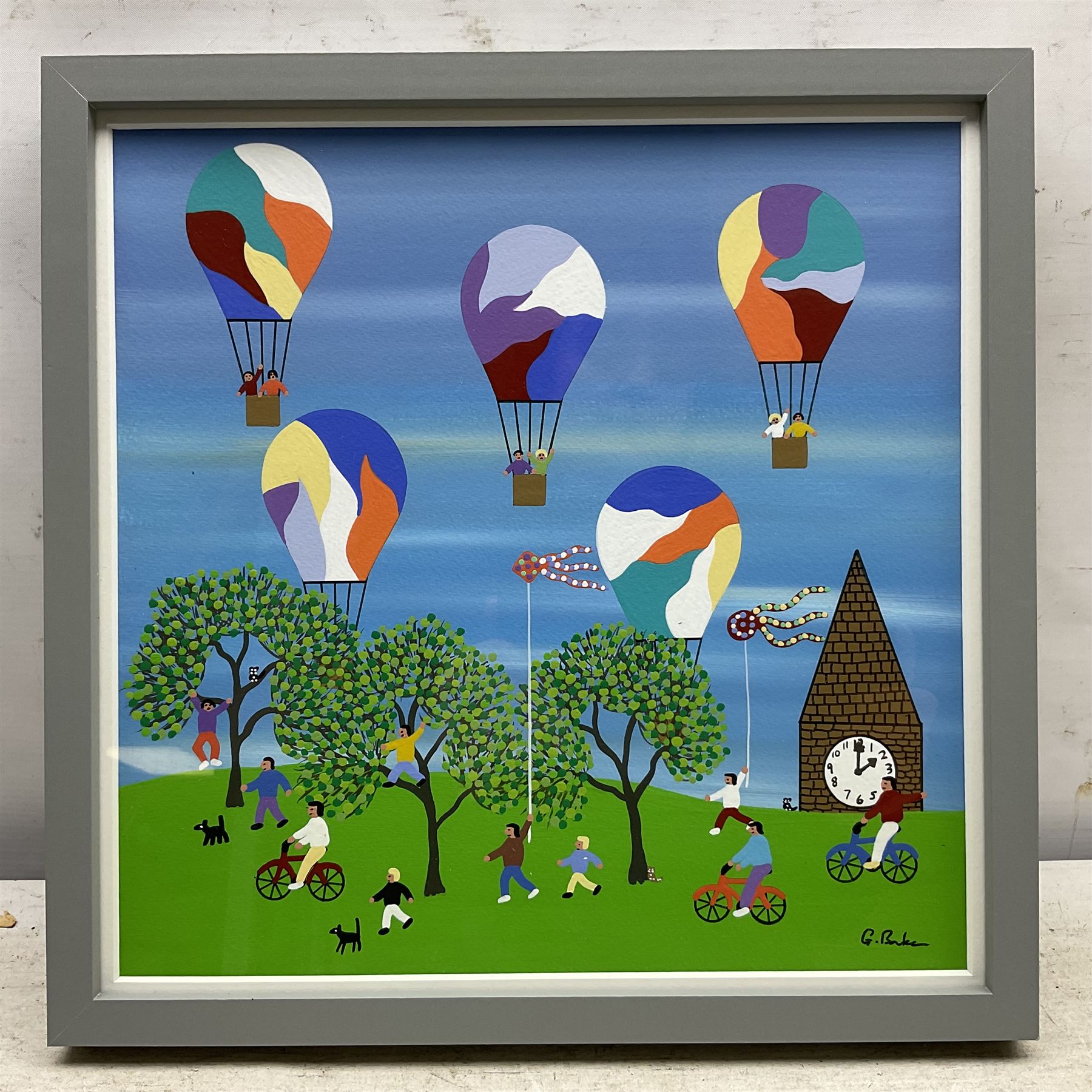 Gordon Barker (British 1960-): Hot Air Balloons, acrylic on paper signed 28cm x 28cm