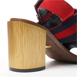 Gucci - pair of heeled sandals, with red suede front straps and indigo and red web stripe ankle straps with gold tone horse-bit detail, on bark-effect gilt block heels, size 36½, unused with original dust bags