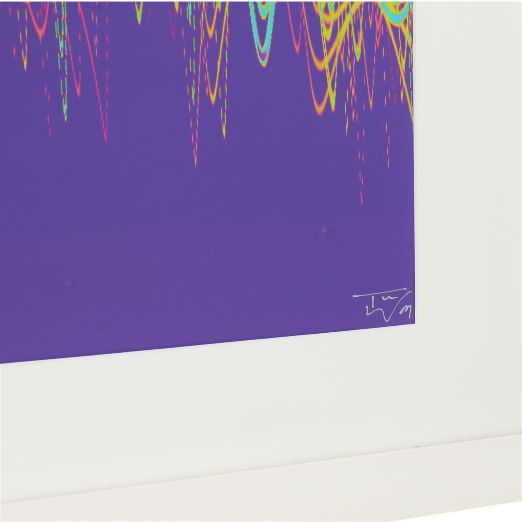 Limited edition Soundwaves Artwork print created from the audio of The Chemical Brothers song 'Galvanize', signed by Tom and Ed Chemical at the band's recording studio in London 2009, within white wooden frame, frame H88cm