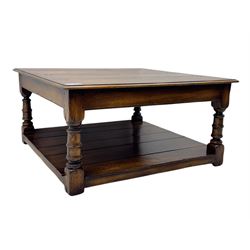 Oak coffee table, square moulded top on turned supports united by undertier 