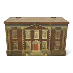 19th century camphor wood blanket box, hinged lid enclosing division, on chamfered plinth base, painted to represent a Georgian town house, fitted with iron strap hinges 