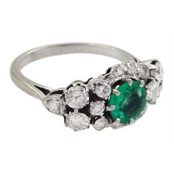 White gold round emerald and diamond cluster ring, stamped 18ct