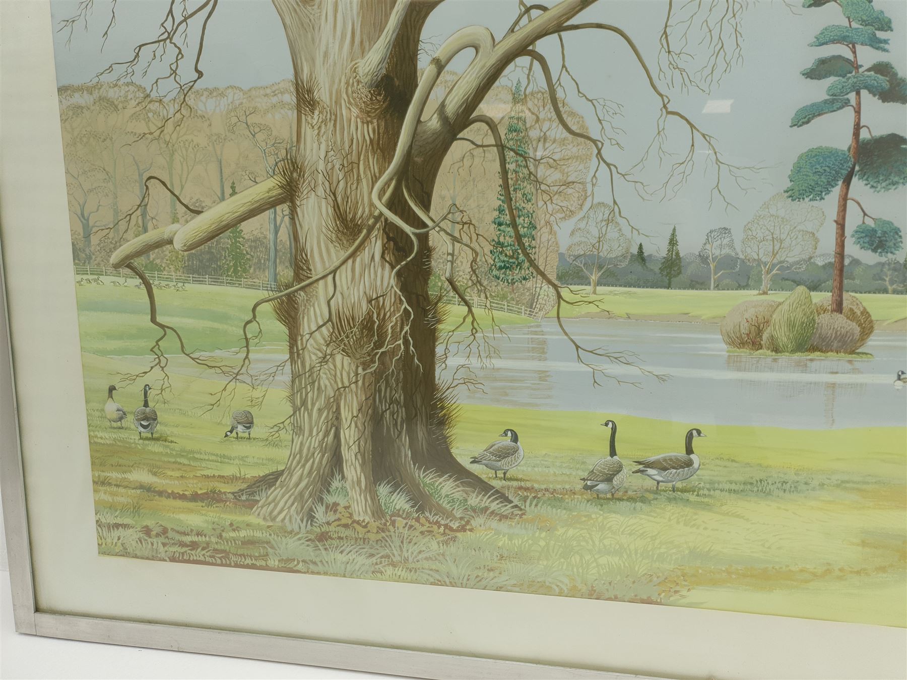 P Swayne (British 20th century): Geese in a River Landscape, oil on panel signed and dated 1970, 64cm x 144cm