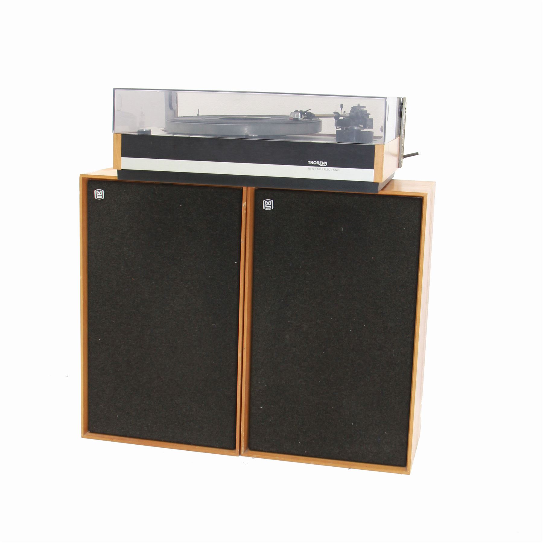 Thorens TD 126 MKII turntable record deck with SME tonearm, within teak case, together with a pair of Mordaunt-Short MS235 speakers, speakers H53cm