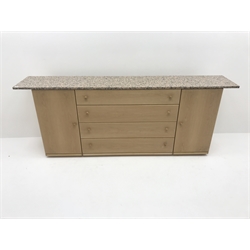  Light wood side cabinet, marble top, four graduating drawers flanked by two cupboards, plinth base, W211cm, H82cm, D37cm mao1607  