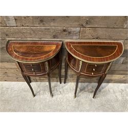 Pair French Louis XVI design demi lune side table, three drawers, on shaped cabriole legs