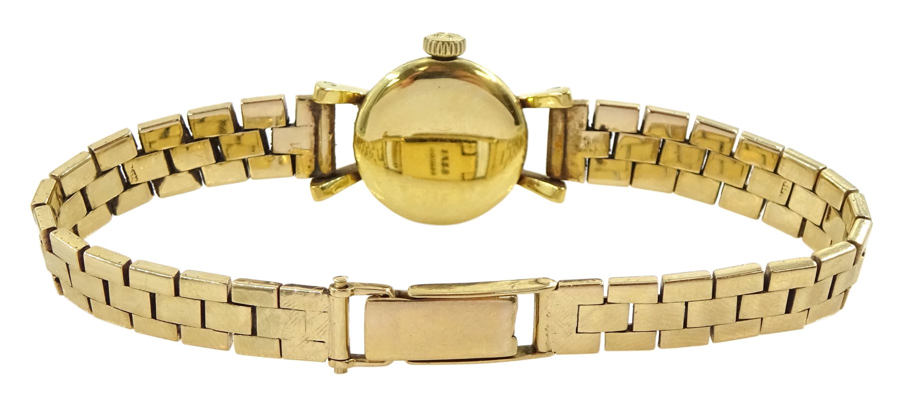 Movado ladies 18ct gold manual wind wristwatch, on 9ct gold link bracelet, hallmarked