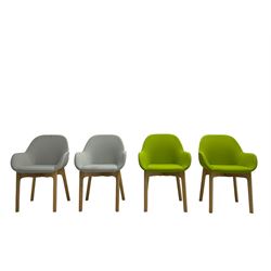 Elite - set eight oak framed office tub chairs, back and seat upholstered in navy blue, lime green, grey or blue fabric