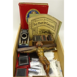  Early 20th century full sized photographic slides, topographical magic lantern slides, BPM bellows unit, carved softwood Corpus Christi and ephemera in one box  