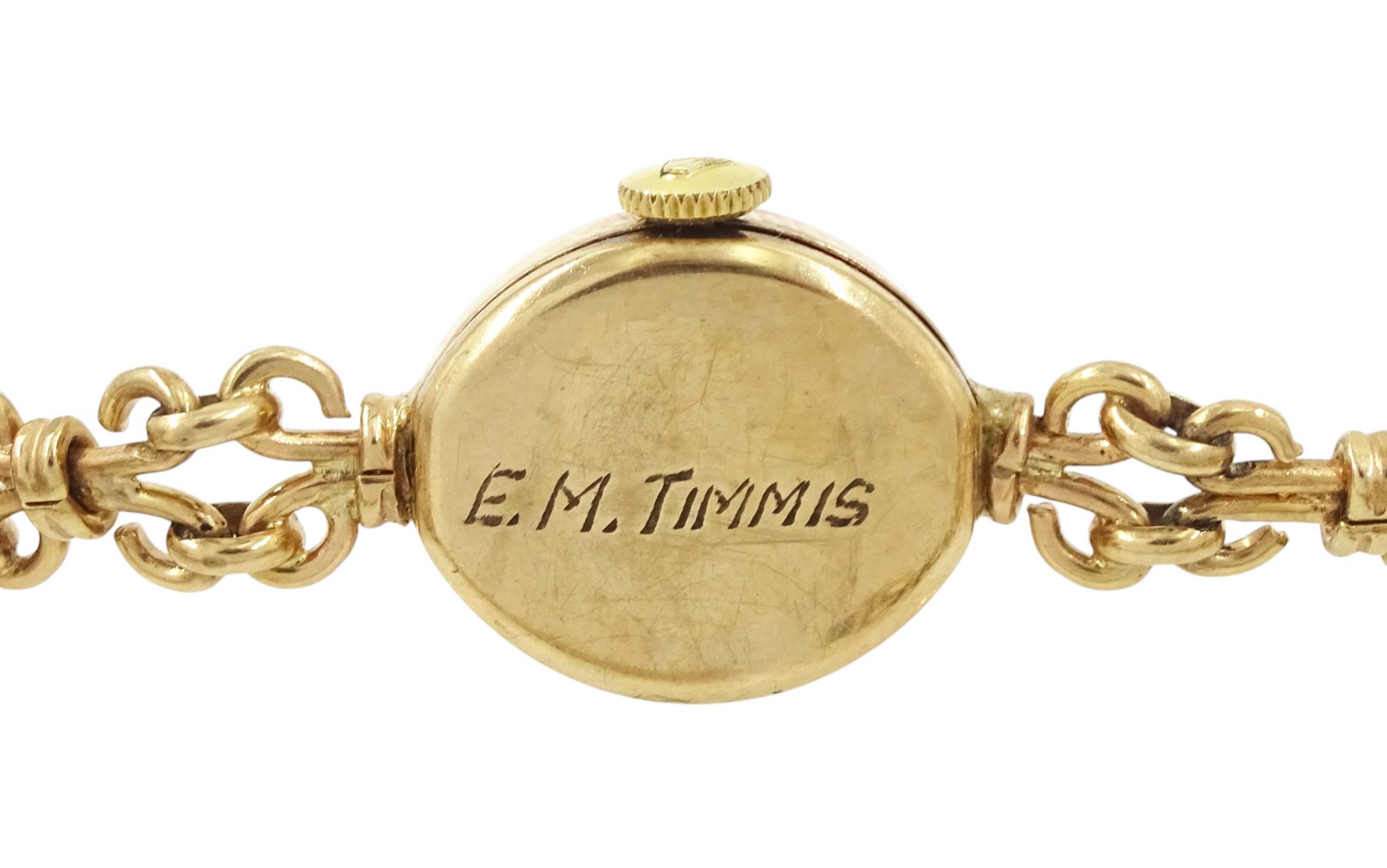 Tudor Royal ladies 9ct gold manual wind wristwatch, silvered dial with baton hour markers, Chester 1960, the back case engraved E.M.Timmis, on integral Rolex 9ct gold fancy link bracelet, hallmarked, boxed