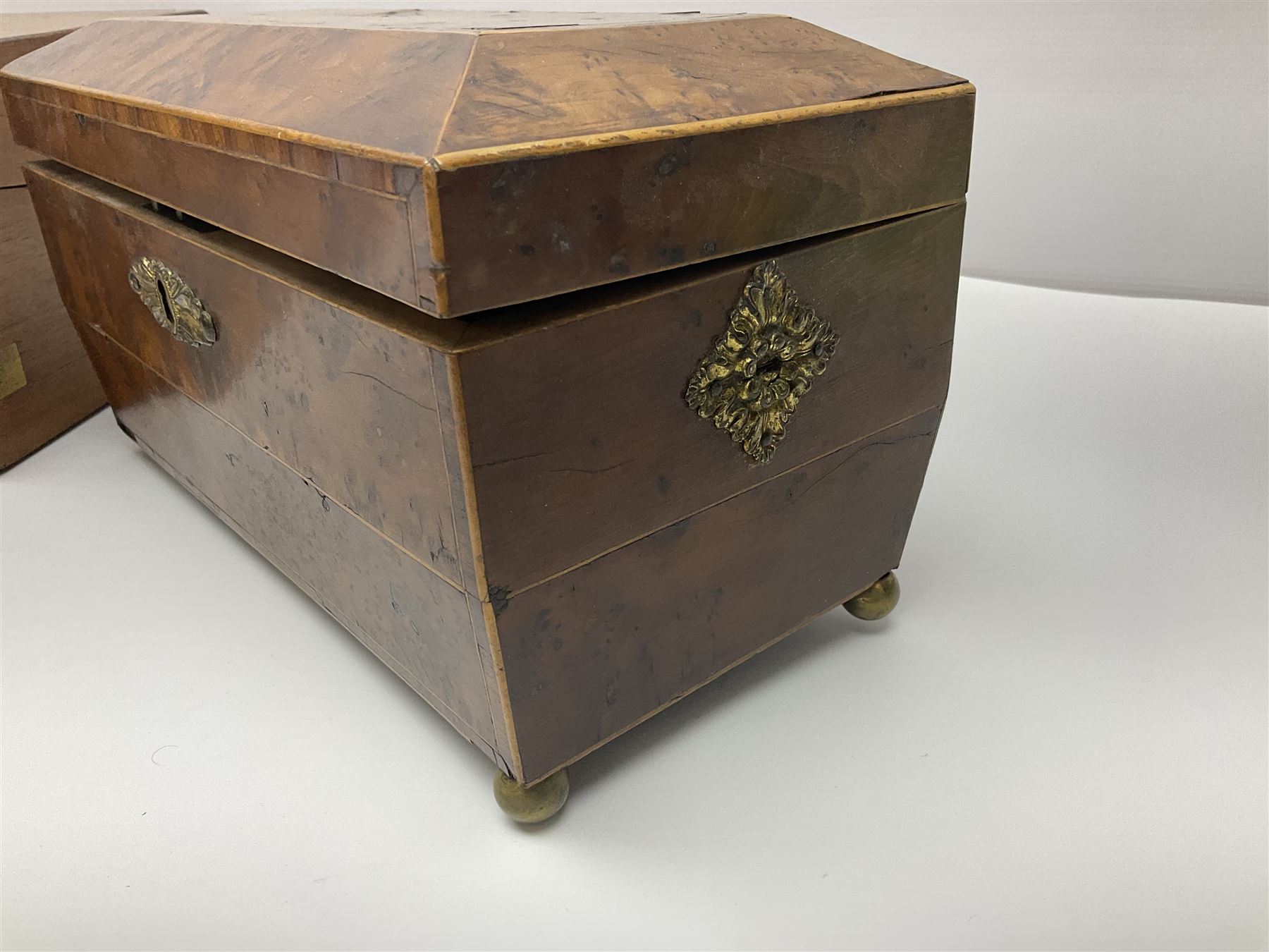 19th century burr yew wood tea caddy, of sarcophagus form, with strung details and brass mounts, the interior split into three compartments, upon four brass bun feet, together with an oak and brass bound writing slope, with red leather interior with gilt detailing, largest H16cm, W40cm