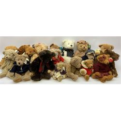 Seventeen Russ teddy bears including Tennyson, Brawson, Beckett, Honeyfitz, Center Parcs, Chips, Monty, Ewan, Radcliffe, Maud, Harlington etc; all with card tags; and two Land Rover promotional teddy bears (19)