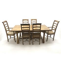 Teak and tile inset rectangular dining table. baluster supports joined by floor stretchers (W190cm, H77cm, D100cm) and set six (4+2) ladder back chairs, rush seat (W58cm)