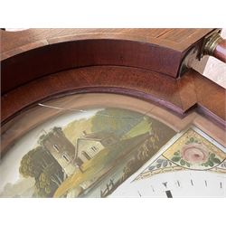 Thirty-hour oak cased longcase clock by  William Bancroft of Scarborough circa 1830, with a swan’s neck pediment, brass patera and three brass spire and ball finials, stepped break arch hood door flanked by plain pillars with brass capitals, trunk with a full length door and curved arch top, on a plain square plinth with bracket feet, painted break arch dial with roman numerals and quarter hour Arabic’s, date recorder (anti clockwise) and matching brass hands, arch painted with a rural scene depicting a ruined tower and cottage with depictions of flowers to the spandrels, dial pinned directly to a chain driven countwheel striking movement, striking the hours on a bell. With weight and pendulum. The Bancroft family were prodigious Scarborough clockmakers during the 18th and 19th century, William Bancroft is recorded as working in Newborough Street from 1820 onwards. 


