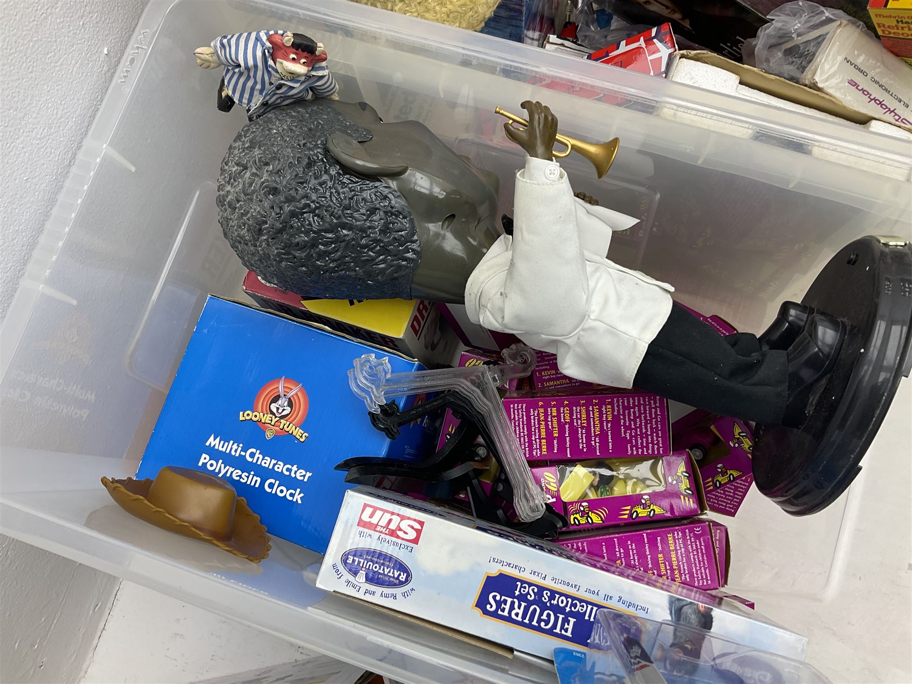 Two Barbie Pink Label Twilight figures in boxes, Ted wacky wobblers in boxes, Minion Dave in box, Toy Story Woody doll etc in two boxes