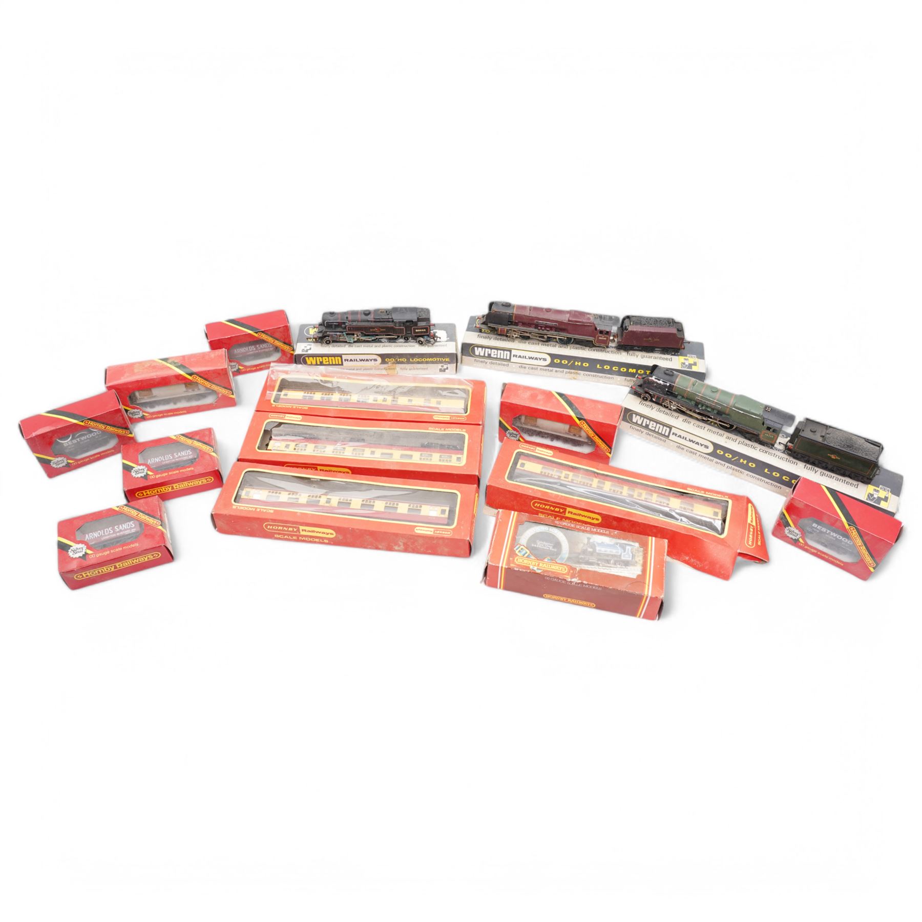 Three Wrenn Railways '00' gauge locomotives, comprising City of Birmingham locomotive and tender 4-6-2 W2226, City of London locomotive and tender 4-6-2 W2228, Tank locomotive 2-6-4 W2218, with Hornby carriages, rolling stock etc, all boxed