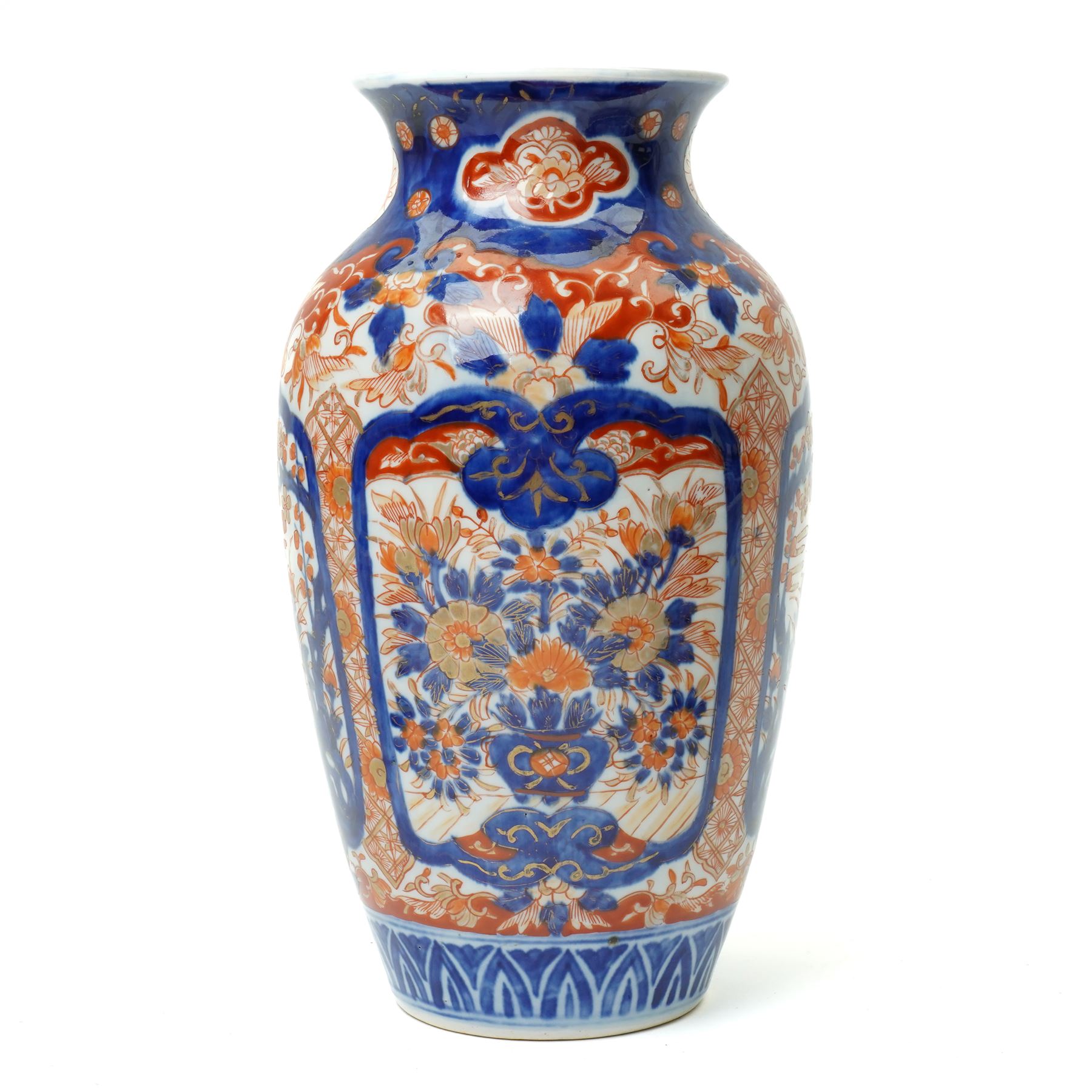 Late 19th/Early 20th century Japanese Imari bowl decorated with panels of flowers in blue, orange and green etc D27cm, Imari vase H24cm and a small ginger jar (3)
