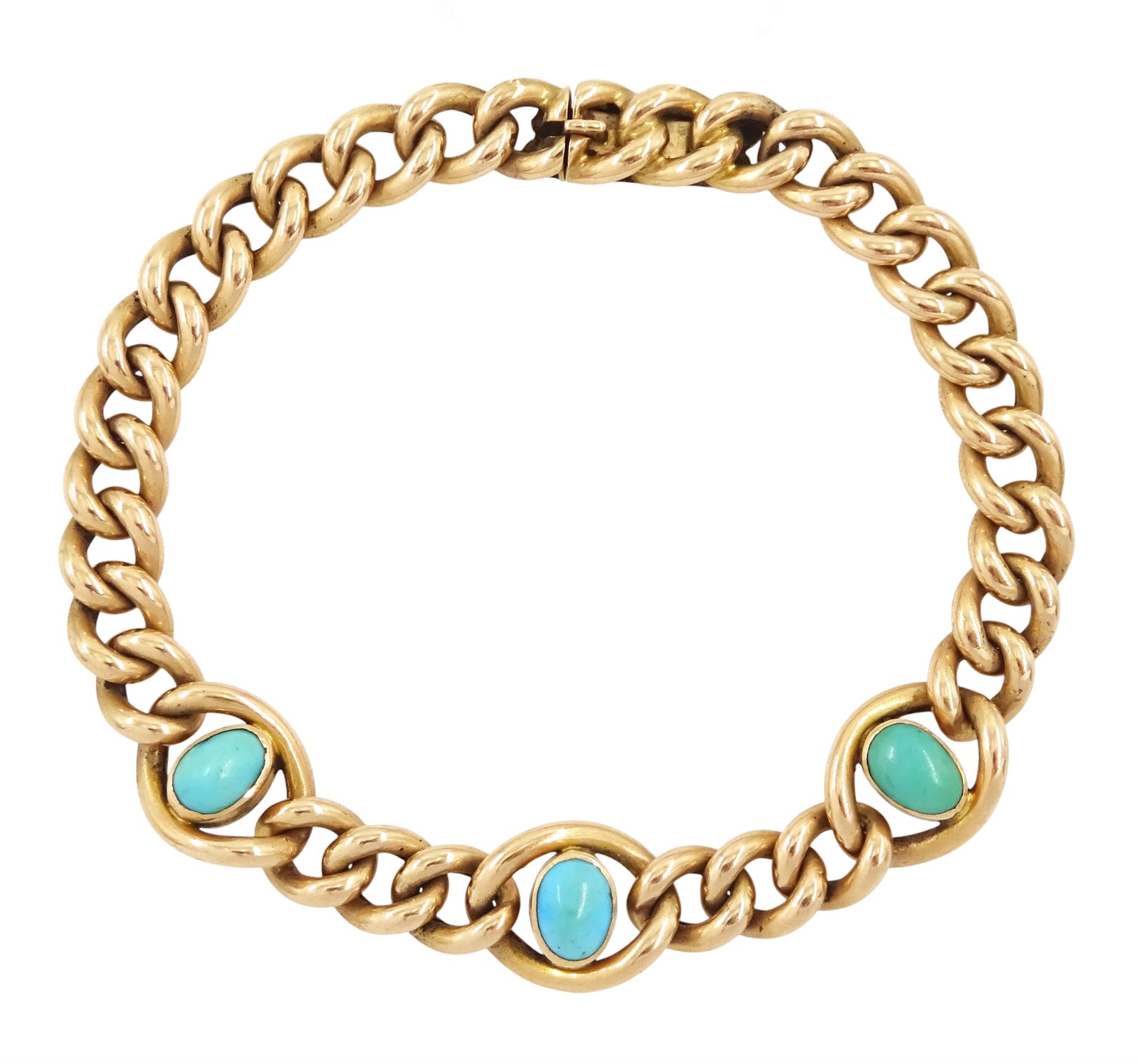 Edwardian 15ct rose gold turquoise bracelet, three oval cut turquoise stones to a curb link bracelet, stamped 15c