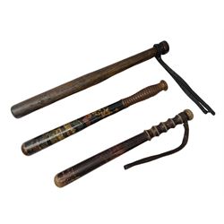 Victorian painted turned wood police truncheon by Field, dated 1851 painted in polychrome with the arms of Blackburn, including crest flanked by the date 18/51 and circumscribed BLACKBURN BOROUGH POLICE, stamped 'FIELD 233 HOLBORN'. L40.5cm. Auctioneer's Note: The borough of Blackburn received its Charter of Incorporation on 28 August 1851; together with two other unmarked turned wooden truncheons (3)