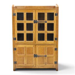 Rabbitman - oak glazed bookcase or display cabinet, lightly adzed rectangular top with rai...