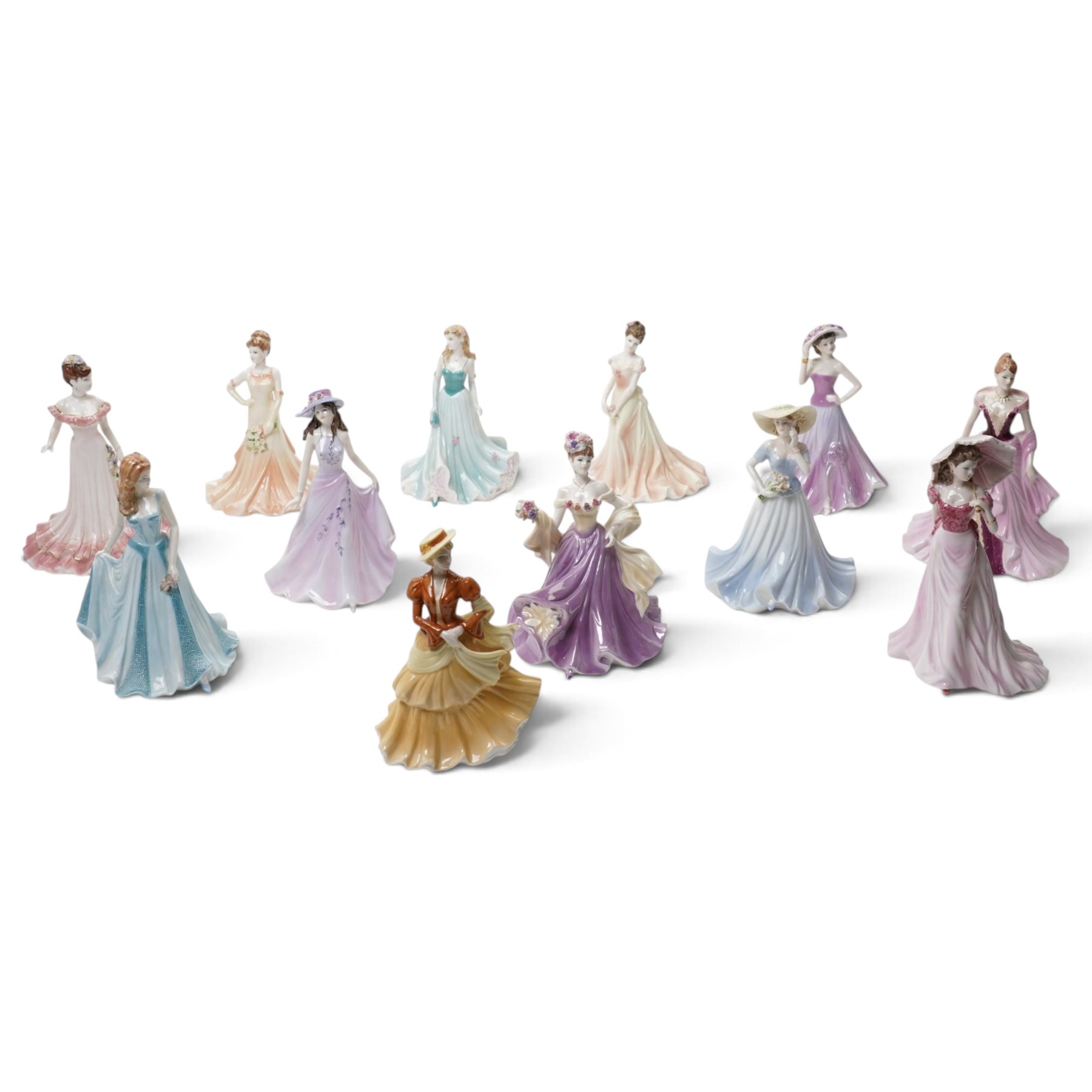 Twelve Coalport figures, comprising Special Occasion, Loveliest Jasmine, Emma, Celebration, Sweetest Rose, Summer Stroll, Fay, Spring, Carol, Summer, With Thanks, and Marion, all boxed (12)
