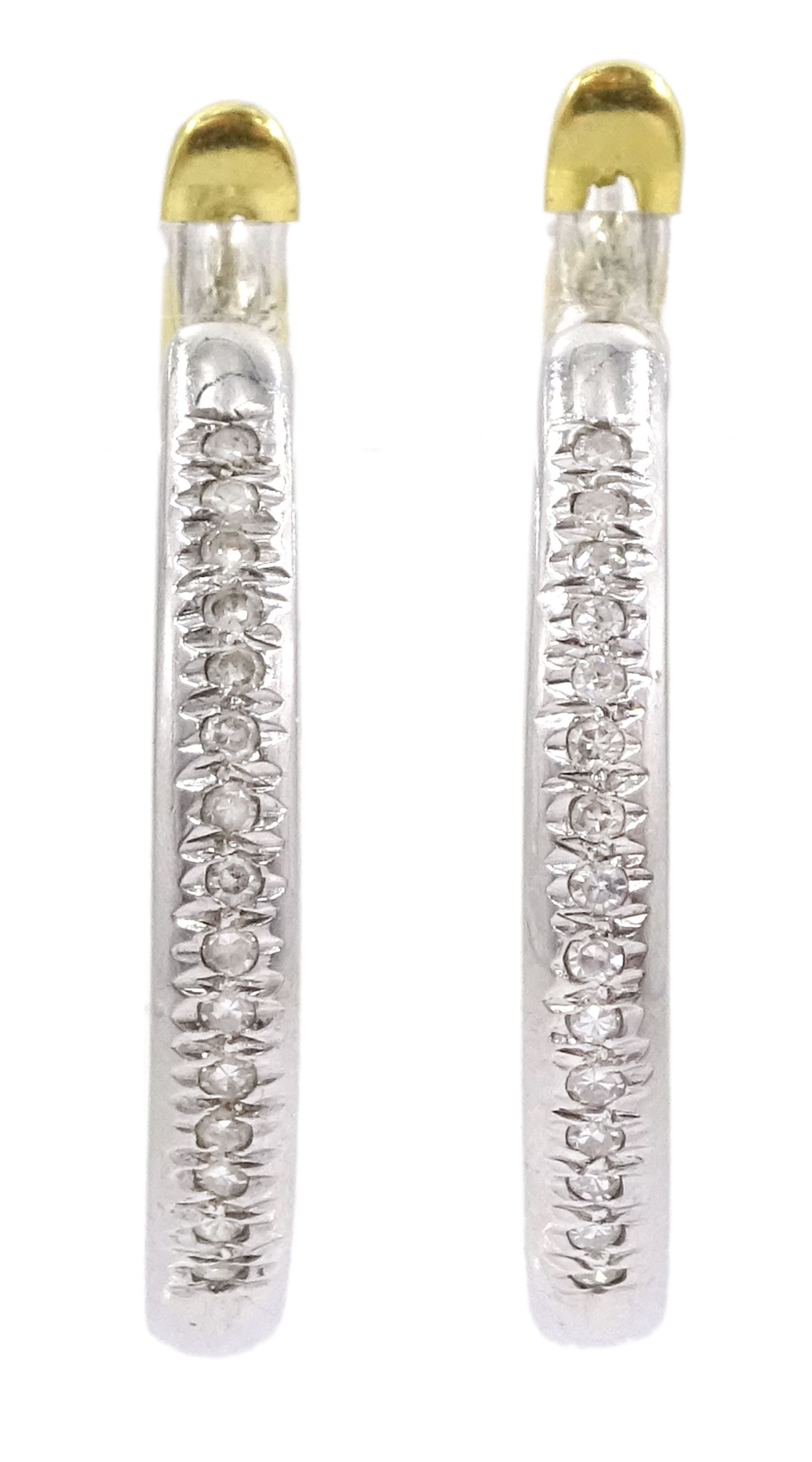 Pair of 18ct white gold diamond set hoop earrings, with yellow gold back fasteners, stamped 750